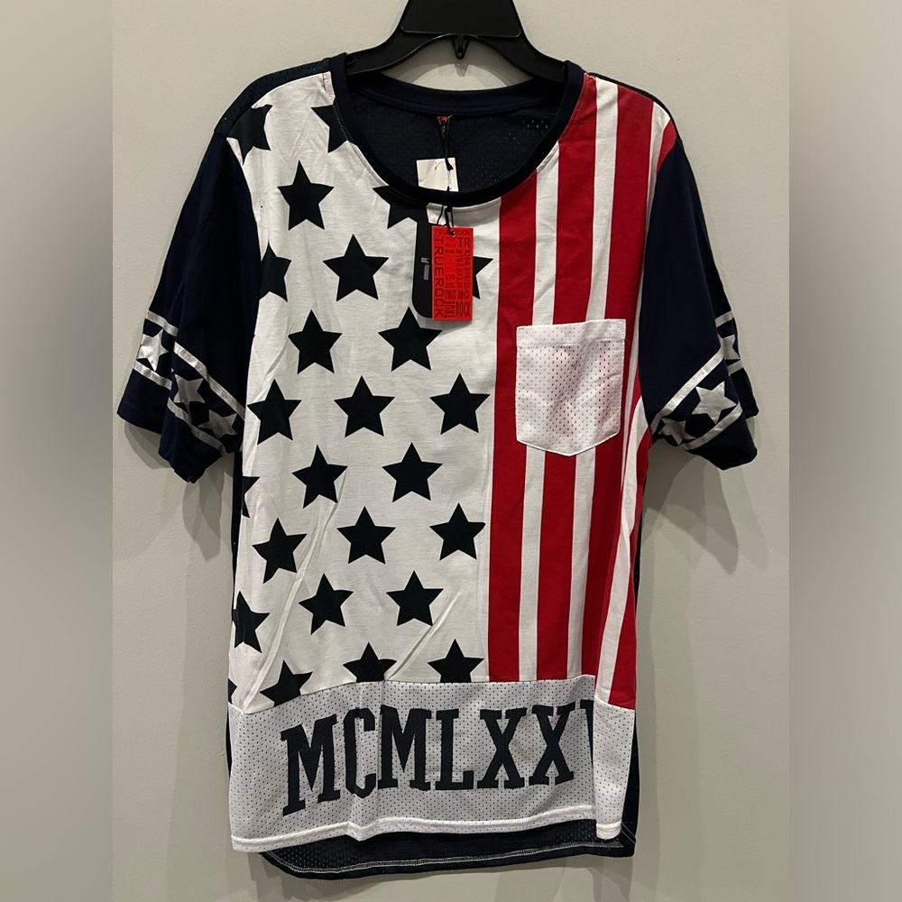 True Rock Patriotic Flag 1975 Print Pocket Mesh Back SS Jersey T Shirt Size M